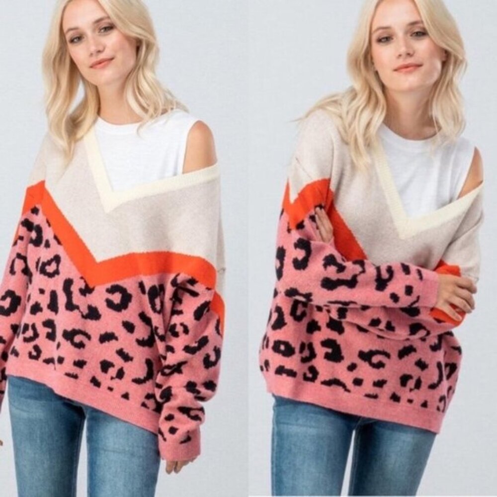Sweet Claire | Wide Neck Leopard & Color Block Sweater Ivory/Coral | Size Medium